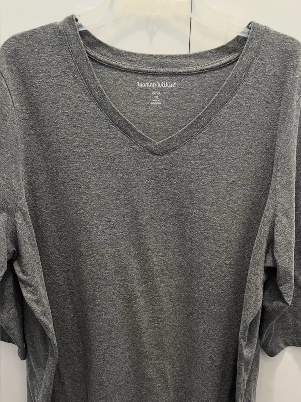 Woman Within Heather Gray V-Neck 3/4 Sleeve T-Shirt Top 22/24